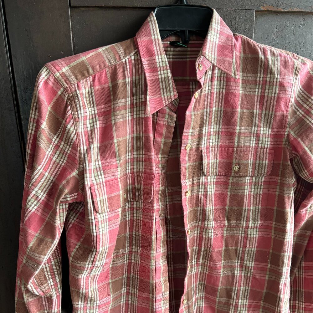 LAUREN RALPH LAUREN WOMENS ROSE AND BROWN STRIPED BUTTON DOWN SHIRT M